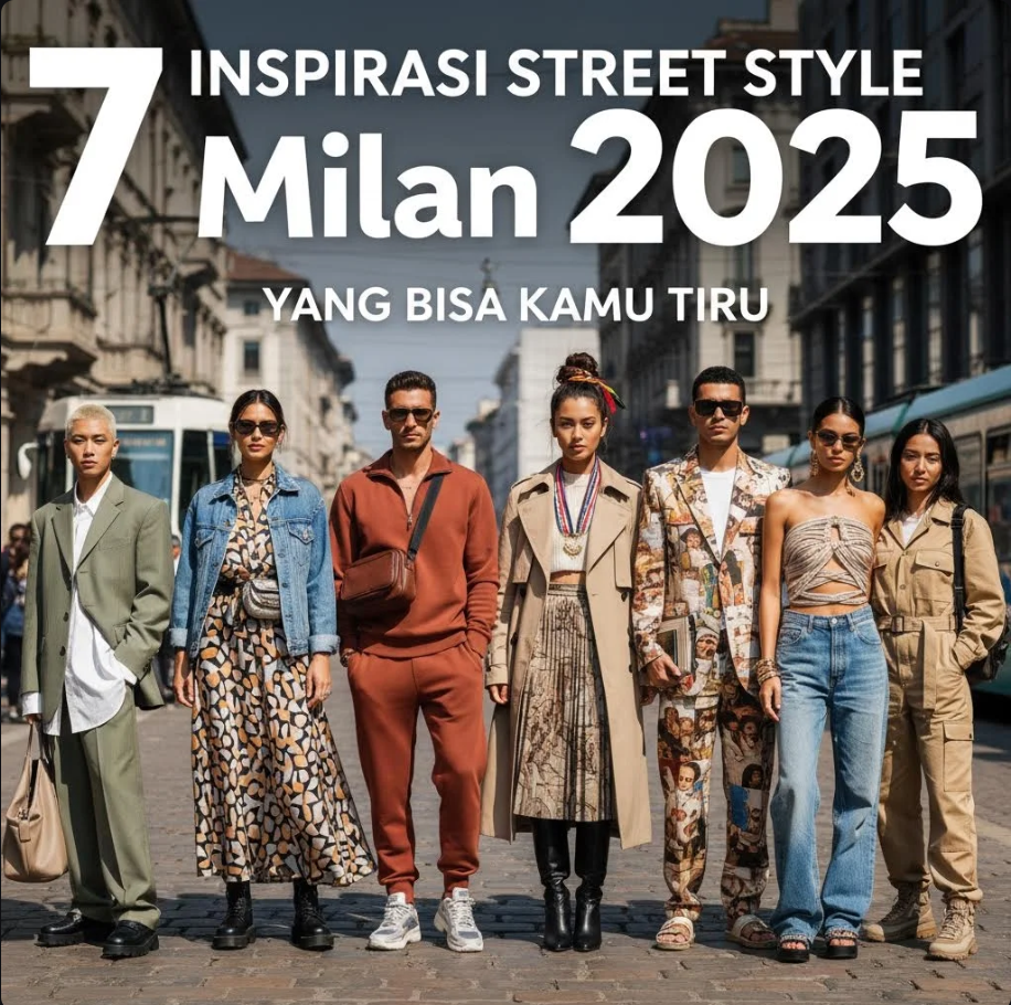 Seorang fashionista mengenakan outfit street style stylish di jalanan Milan dengan paduan warna dan aksesori modern.