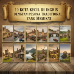 Pemandangan kota kecil Inggris dengan rumah batu klasik dan taman bunga di tepi sungai.