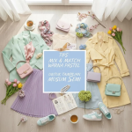 Seorang wanita mengenakan outfit warna pastel lembut dengan latar suasana musim semi yang cerah