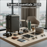 Ilustrasi barang-barang travel modern seperti smart luggage, earbuds, power bank, dan travel jacket.
