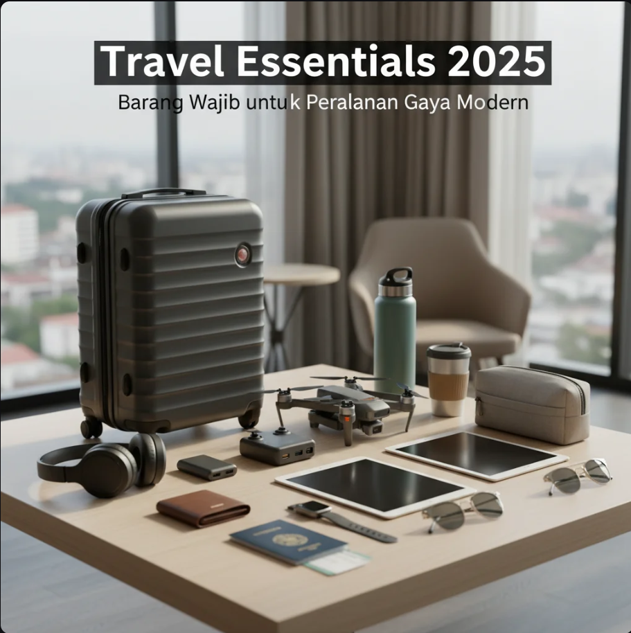 Ilustrasi barang-barang travel modern seperti smart luggage, earbuds, power bank, dan travel jacket.