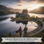 Pasangan berdiri di depan kastil Eilean Donan saat matahari terbenam dengan kabut tipis di atas danau Skotlandia.