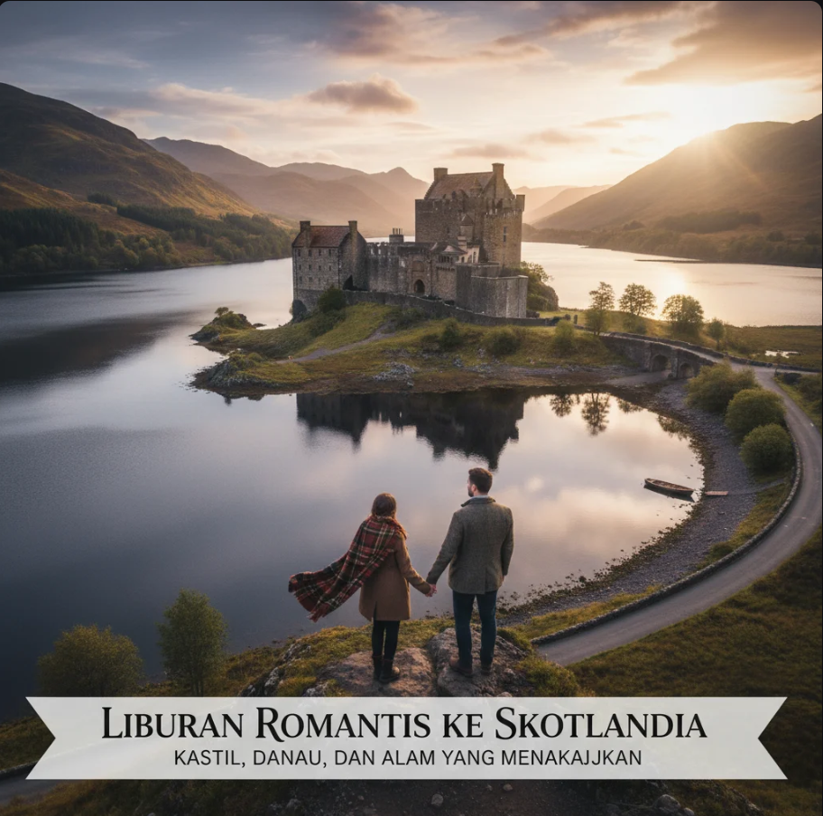 Pasangan berdiri di depan kastil Eilean Donan saat matahari terbenam dengan kabut tipis di atas danau Skotlandia.