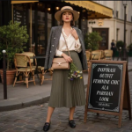 Alt Text: “Wanita mengenakan outfit Parisian chic dengan blouse putih, rok midi, dan tas kecil di jalanan Paris