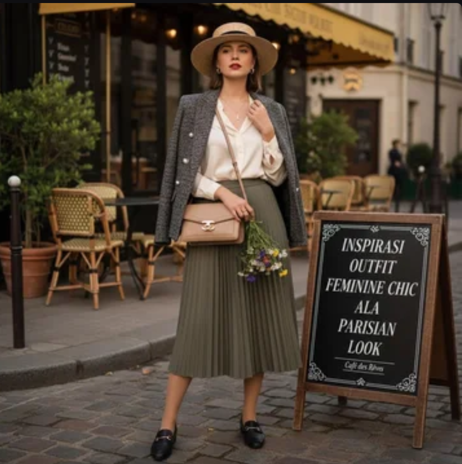 Alt Text: “Wanita mengenakan outfit Parisian chic dengan blouse putih, rok midi, dan tas kecil di jalanan Paris