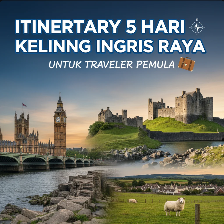 Traveler berdiri di tepi Sungai Thames dengan latar Big Ben dan London Eye di bawah langit sore Inggris.