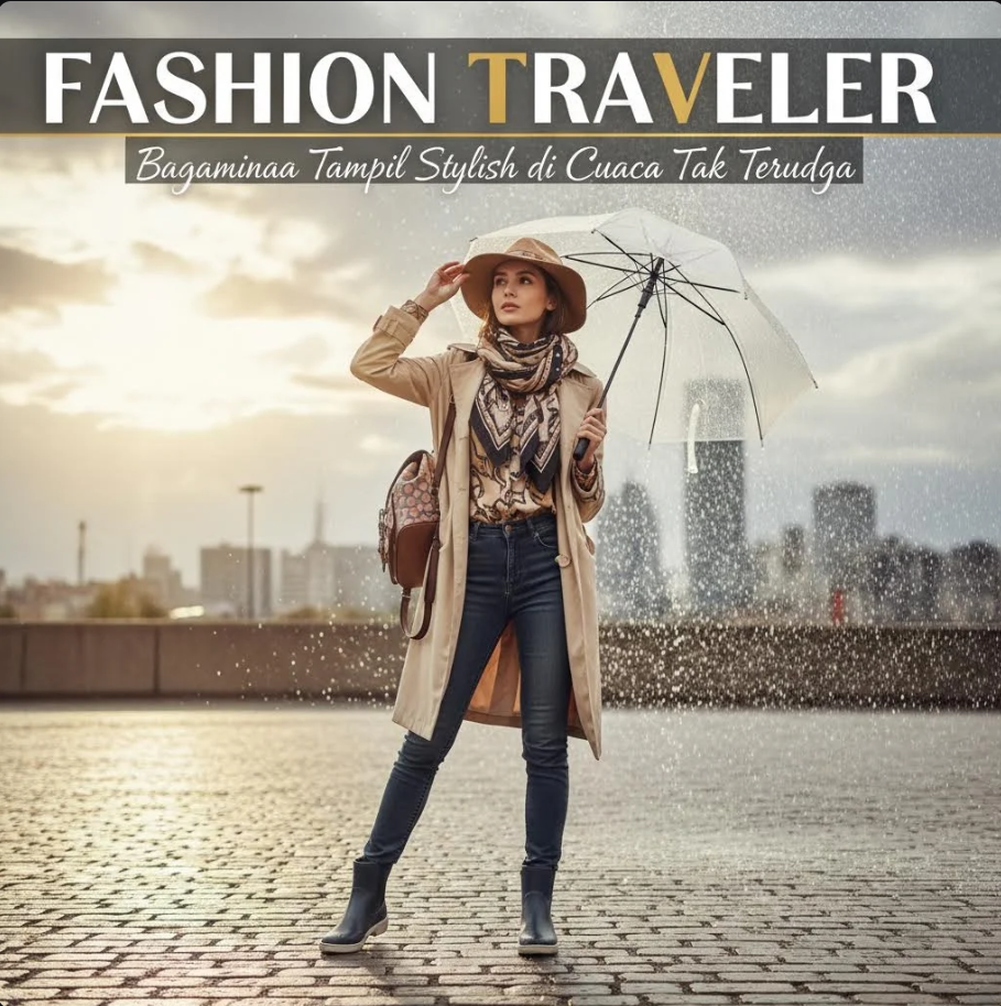 Seorang traveler bergaya stylish mengenakan outer ringan sambil membawa koper di tengah cuaca mendung