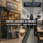 Barista di kafe indie London sedang menuangkan kopi manual brew dengan latar interior artistik bergaya industrial.