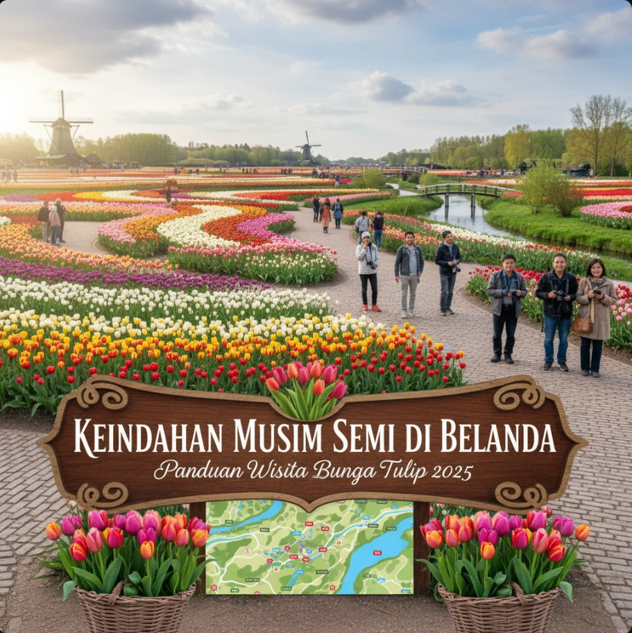Ladang tulip berwarna-warni di Belanda dengan latar belakang kincir angin tradisional di bawah langit biru musim semi.