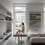 Interior apartemen minimalis modern di kota Eropa dengan furnitur sederhana dan cahaya natural