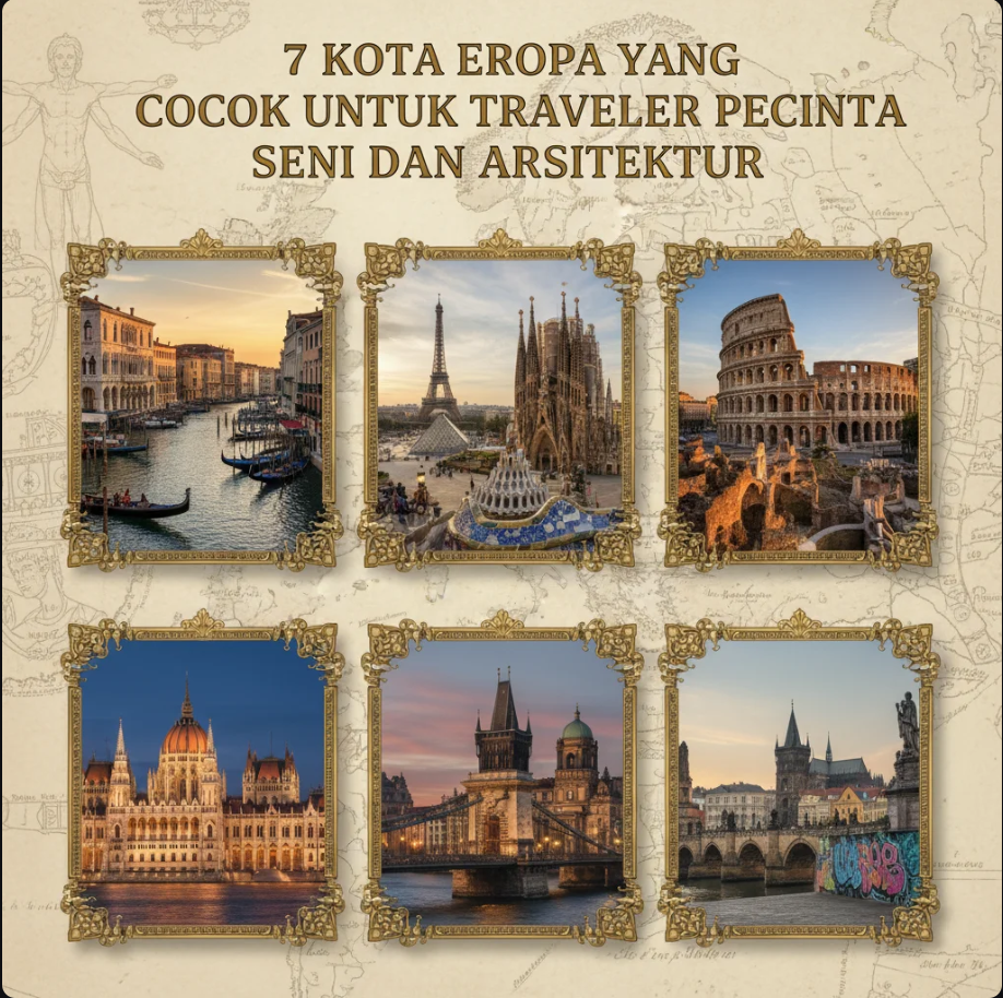 Kolase tujuh kota Eropa dengan bangunan ikonik seni dan arsitektur seperti katedral, museum modern, dan kanal kota.