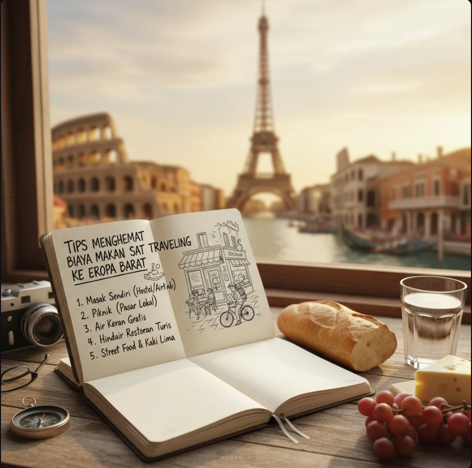 Traveler menikmati makanan sederhana di luar negeri dengan latar kota Eropa Barat.