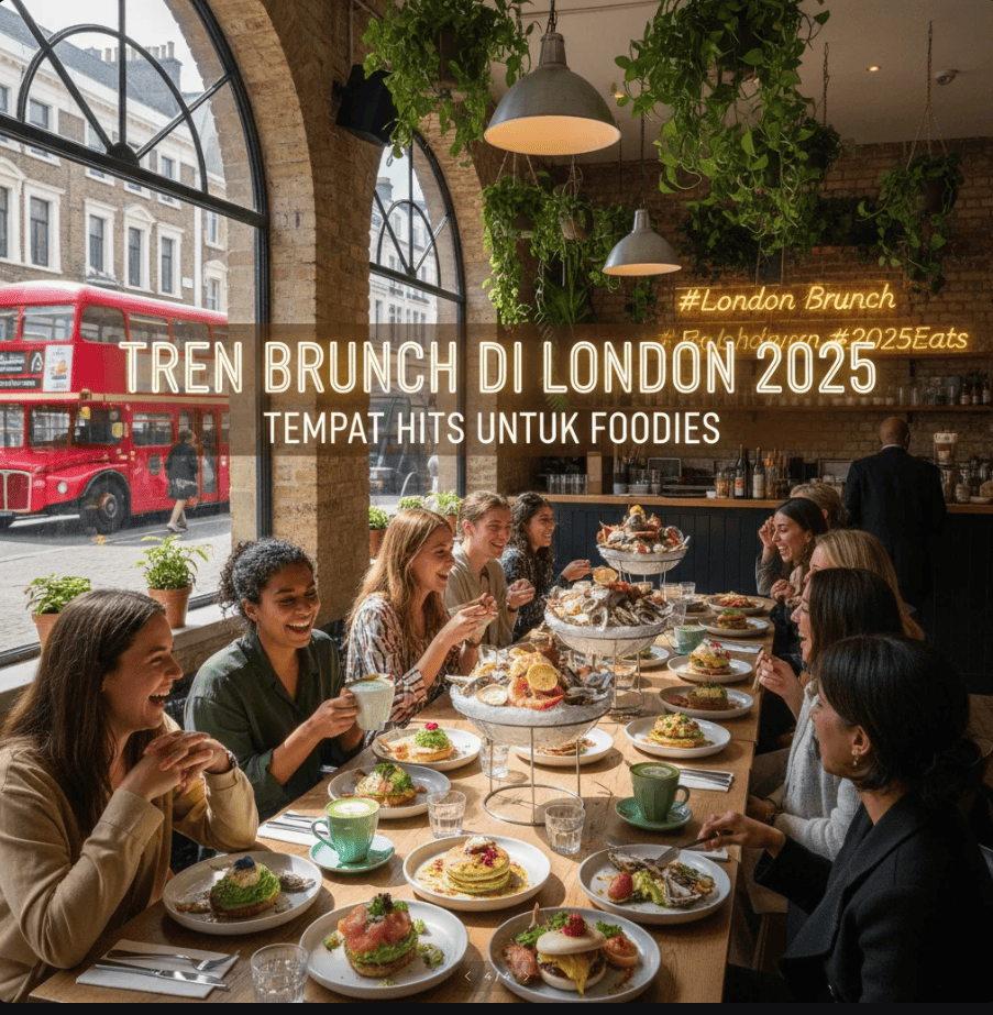 Suasana brunch modern di London dengan interior artistik dan hidangan berwarna cerah di meja marmer.