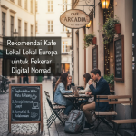 Ilustrasi kafe lokal Eropa yang nyaman untuk bekerja dengan laptop.
