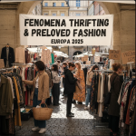 Butik vintage Eropa dengan deretan pakaian warna-warni dan suasana estetik modern.