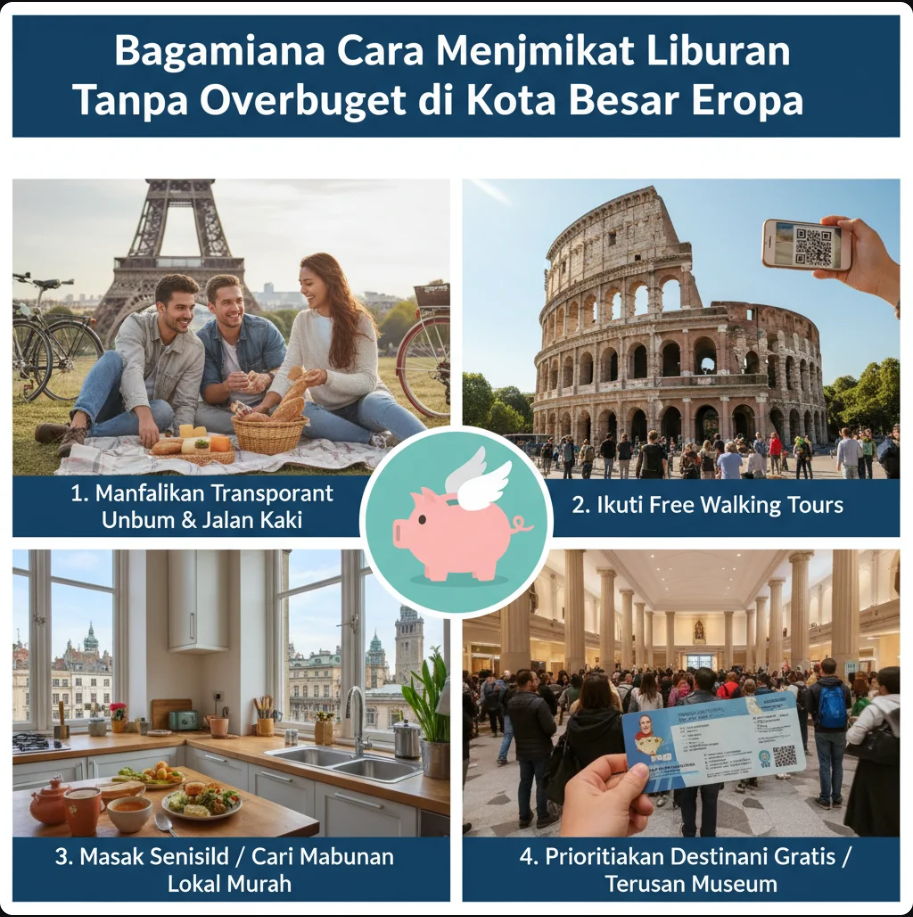 Pelajari cara menikmati liburan di kota-kota besar Eropa tanpa overbudget. Temukan tips transportasi, kuliner, akomodasi, dan atraksi gratis untuk perjalanan hemat.