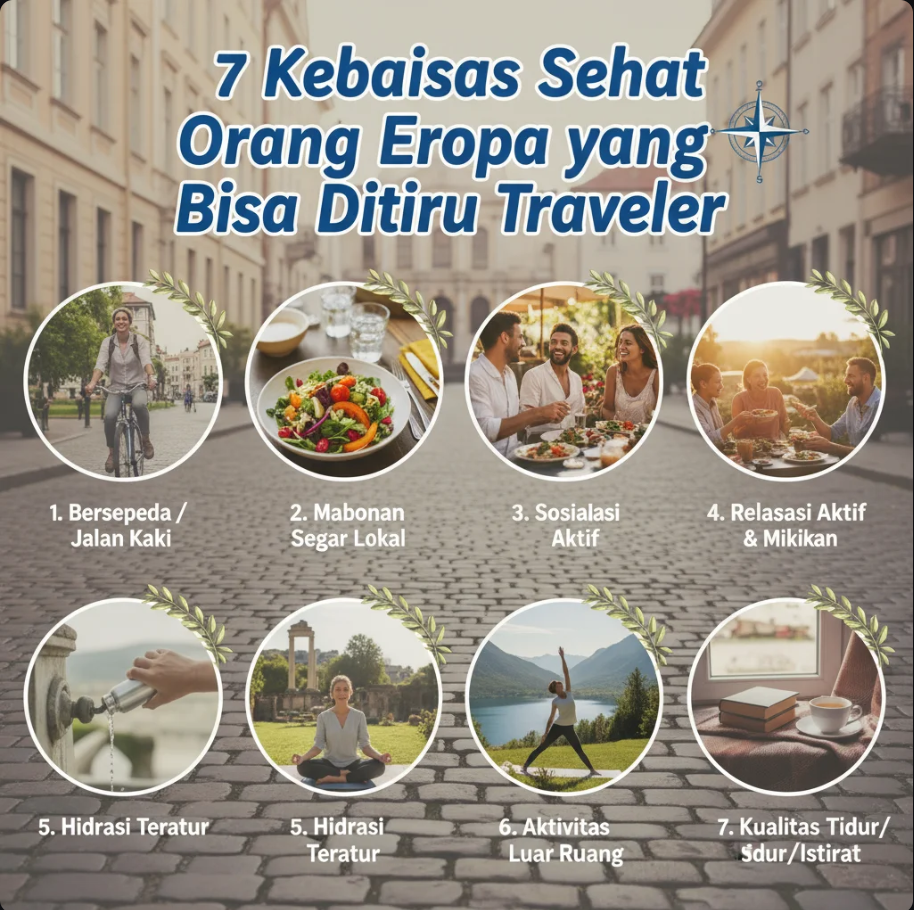 Orang-orang berjalan santai di jalan kota Eropa dengan suasana kafe outdoor dan udara segar.