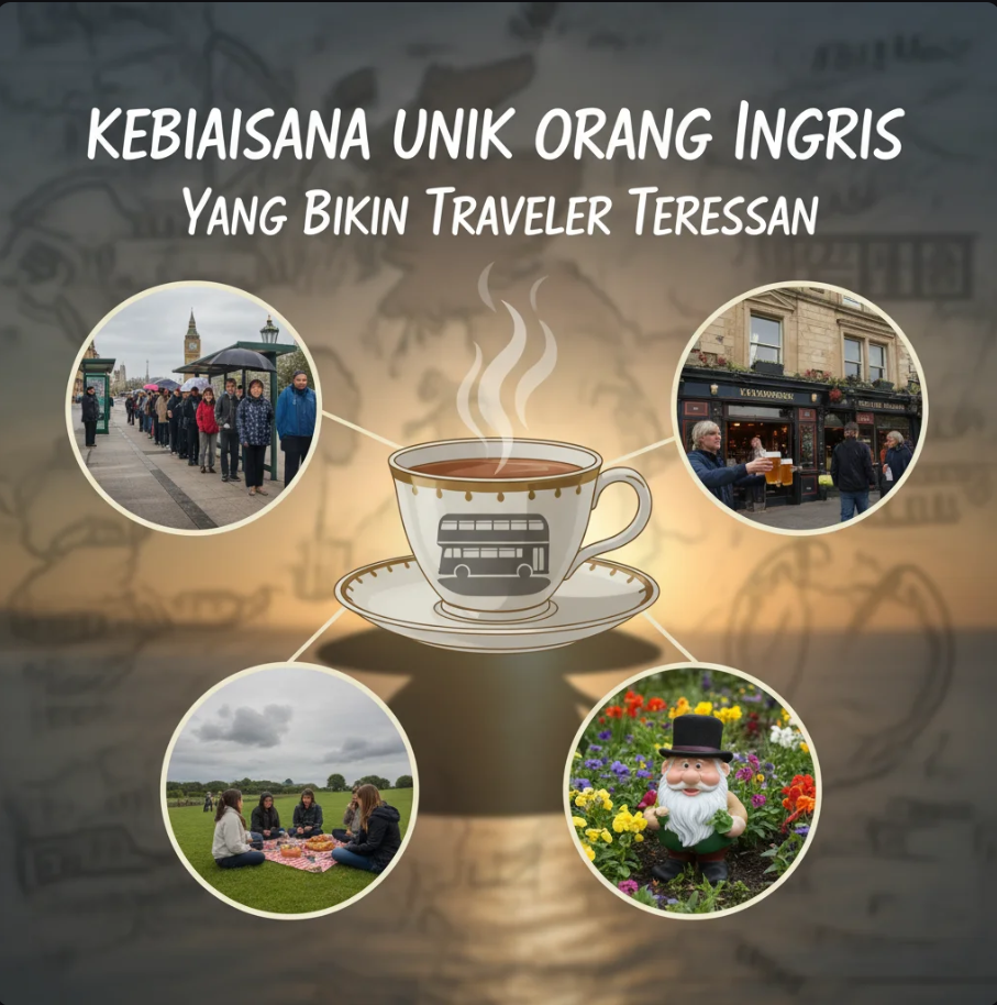 Warga Inggris antre rapi di depan halte bus dengan suasana kota London dan bendera Union Jack di latar belakang.