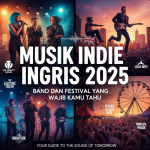Penonton menikmati konser band indie di festival Inggris dengan pencahayaan malam yang hangat.
