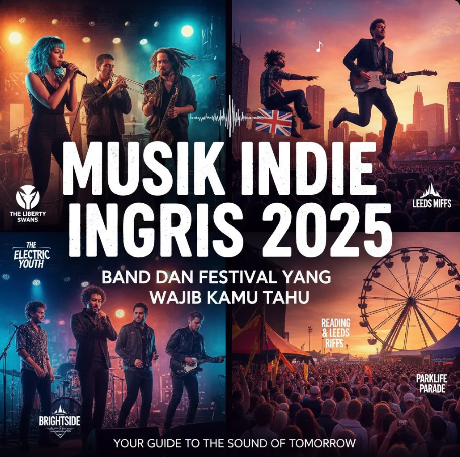 Penonton menikmati konser band indie di festival Inggris dengan pencahayaan malam yang hangat.