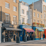 Kolase suasana London: jalanan ramai Soho, rumah warna-warni Notting Hill, dan street art Shoreditch