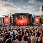 Kerumunan besar di festival musik musim panas Inggris saat sunset, dengan panggung utama dan lampu konser