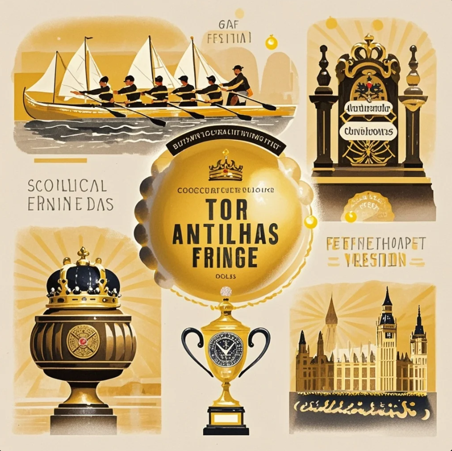 Kolase festival budaya Inggris: panggung musik outdoor, pertunjukan teater jalanan, dan parade tradisional di kota