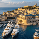 Pemandangan danau Eropa dengan vila mewah, perahu kayu klasik, dan suasana liburan premium