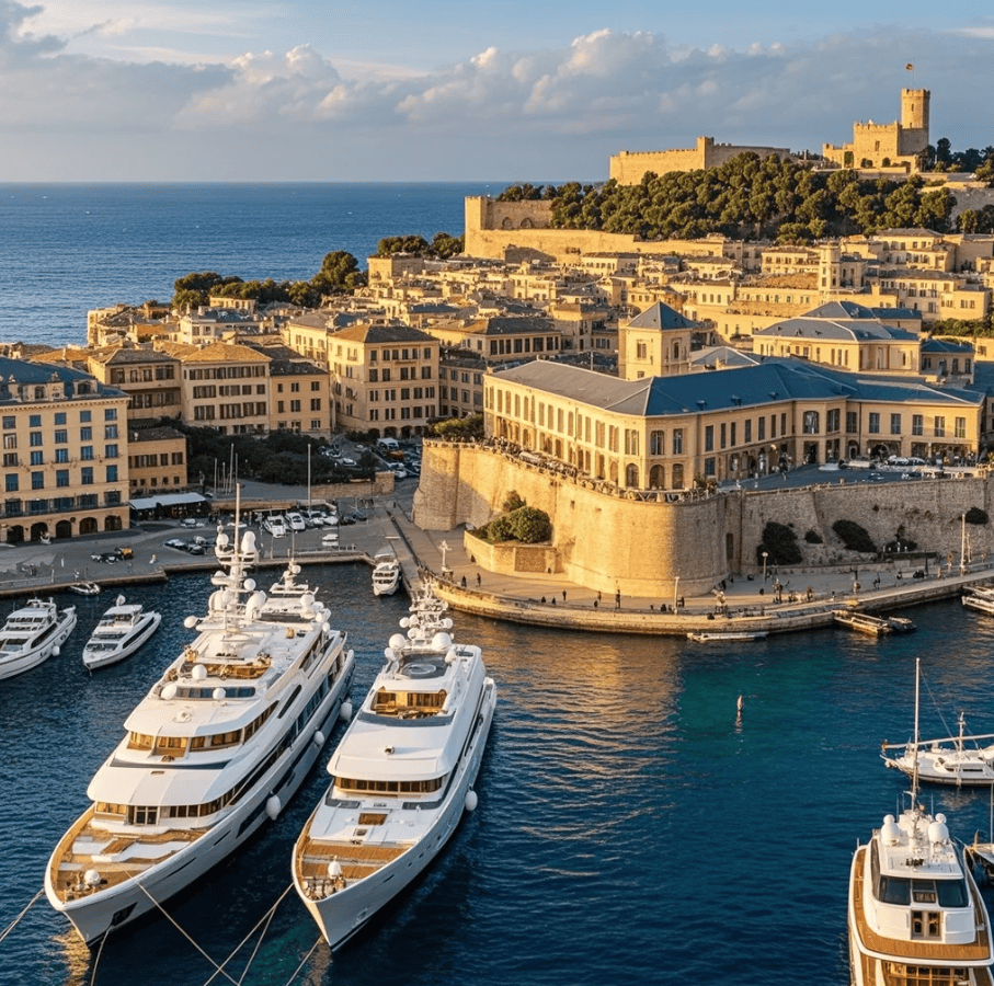 Pemandangan danau Eropa dengan vila mewah, perahu kayu klasik, dan suasana liburan premium