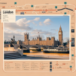 Kolase landmark London (Big Ben, Tower Bridge, taman kota) dengan gaya itinerary dan checklist rute harian