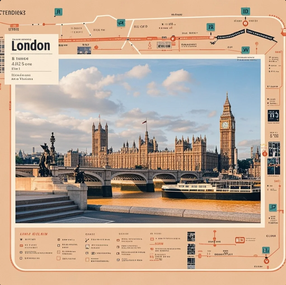 Kolase landmark London (Big Ben, Tower Bridge, taman kota) dengan gaya itinerary dan checklist rute harian
