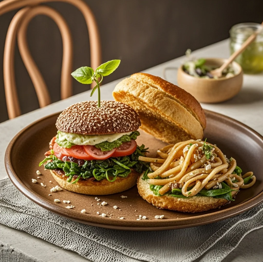 Hidangan vegan modern di restoran Inggris dengan plating elegan dan suasana hangat