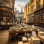 Kolase suasana toko buku klasik London, ruang baca perpustakaan, dan spot membaca di taman kota