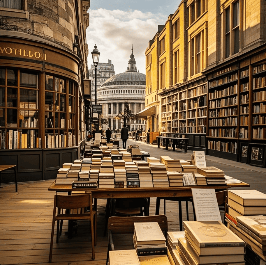 Kolase suasana toko buku klasik London, ruang baca perpustakaan, dan spot membaca di taman kota