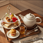 Set afternoon tea bertingkat berisi scones, sandwich, dan pastry di meja elegan dengan teko teh