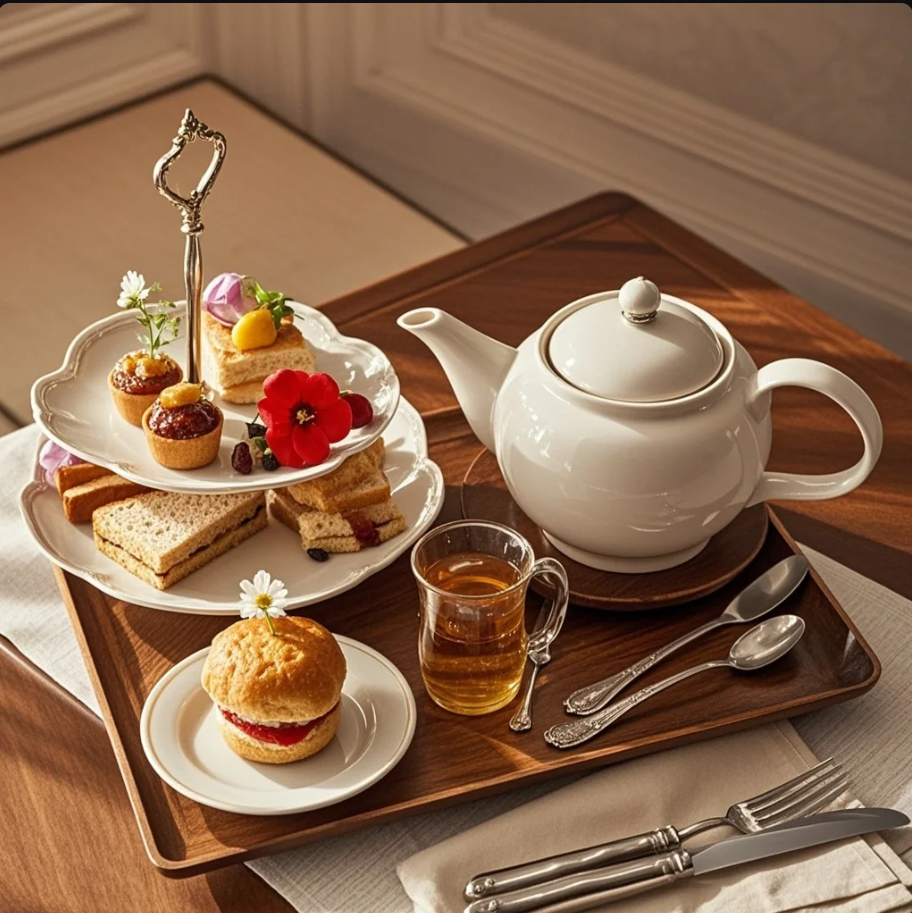 Set afternoon tea bertingkat berisi scones, sandwich, dan pastry di meja elegan dengan teko teh