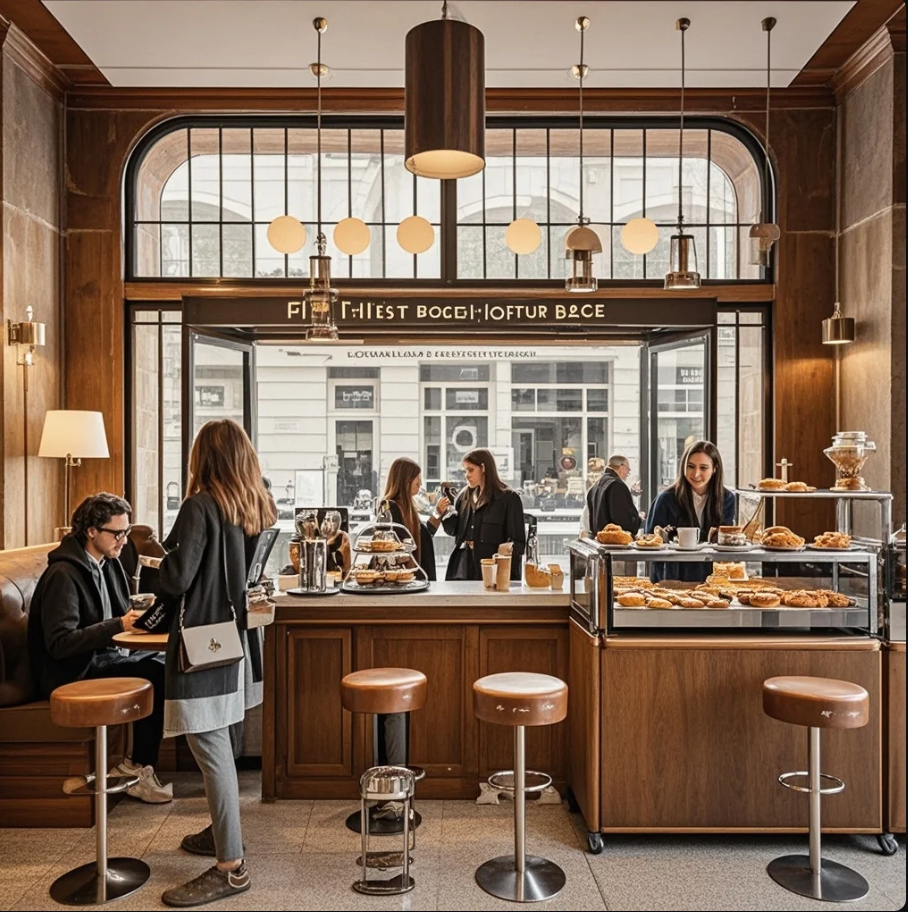 Kafe kopi spesialti di London dengan barista membuat latte art, interior minimalis, dan suasana ramai tapi hangat