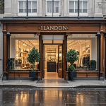 Suasana London saat hujan dengan traveler memegang payung dan bangunan klasik di latar